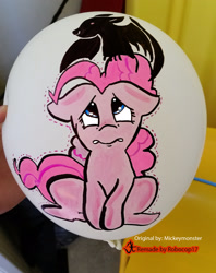 Size: 1836x2323 | Tagged: safe, artist:mickeymonster, artist:robocop17, pinkie pie, bat, balloon, irl, paint on balloon, photo, scared, sitting, traditional art