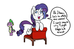 Size: 2510x1674 | Tagged: safe, artist:lyrabop, rarity, spike, dragon, pony, unicorn, abuse, cellphone, chair, comic, dialogue, duo, female, magic, male, mare, open mouth, out of character, phone, simple background, spikeabuse, telekinesis, white background