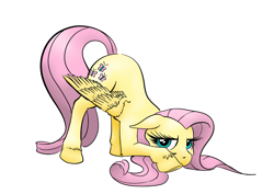 Size: 1169x826 | Tagged: safe, artist:darkhestur, fluttershy, pegasus, pony, bowing, coy, eyelashes, face down ass up, lidded eyes, looking at you, shy, simple background, solo, spread wings, white background