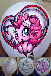 Size: 1836x2720 | Tagged: safe, artist:dfectivedvice, artist:robocop17, pinkie pie, art progress, balloon, blushing, cute, diapinkes, ear fluff, heart, irl, looking at you, paint on balloon, photo, progress, solo, tongue out, traditional art