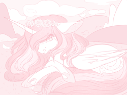 Size: 1600x1200 | Tagged: safe, artist:taligintou, princess celestia, alicorn, pony, 30 minute art challenge, ethereal mane, female, flower, flower in hair, galaxy mane, mare, monochrome, outdoors, sketch, solo, sparkles