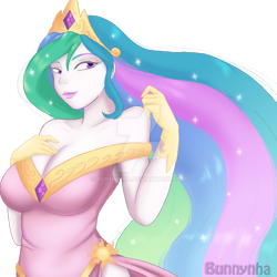 Size: 1024x1024 | Tagged: safe, artist:bunnynha, princess celestia, human, breasts, clothes, dress, female, gloves, humanized, pony coloring, princess breastia, signature, simple background, smiling, solo, transparent background, watermark