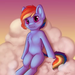 Size: 1024x1024 | Tagged: safe, artist:dbleki, derpibooru import, rainbow dash, pegasus, pony, alternate hairstyle, blushing, cheek fluff, chest fluff, cloud, cute, dashabetes, ear fluff, female, looking at you, mare, on a cloud, redraw, sitting, sky, solo