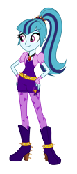 Size: 1200x2700 | Tagged: safe, artist:traachon, derpibooru exclusive, adagio dazzle, sonata dusk, equestria girls, bolero jacket, boots, clothes, clothes swap, female, fingerless gloves, gem, gloves, hand on hip, high heel boots, jewelry, leggings, pendant, ponytail, romper, shoes, simple background, siren gem, smiling, solo, transparent background, vector