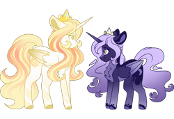 Size: 3000x2048 | Tagged: safe, artist:cinnamontee, princess celestia, princess luna, oc, alicorn, pony, adoptable, crown, female, jewelry, mare, redesign, regalia, royal sisters, simple background, sisters, smiling, transparent background