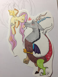 Size: 1280x1707 | Tagged: safe, artist:gidankuroki, discord, fluttershy, pegasus, pony, blushing, cute, discoshy, eyes closed, heart, imminent kissing, looking at each other, male, profile, shipping, straight, traditional art