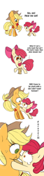 Size: 480x1920 | Tagged: safe, artist:bartolomeus_, apple bloom, applejack, earth pony, pony, apple, applejack's hat, boop, comic, cowboy hat, crying, dialogue, duo, eating, female, filly, food, forever, hat, mare, noseboop, scrunchy face, simple background, sisters, teary eyes, translation, white background