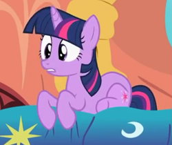 Size: 743x623 | Tagged: safe, derpibooru import, screencap, twilight sparkle, unicorn twilight, unicorn, lesson zero, bed, solo