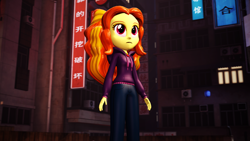 Size: 1920x1080 | Tagged: safe, artist:razethebeast, adagio dazzle, equestria girls, 3d, building, city, clothes, female, gem, hoodie, pants, siren gem, solo, source filmmaker