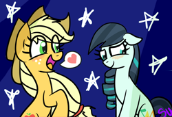 Size: 700x480 | Tagged: safe, artist:sapphireuniverse, applejack, coloratura, earth pony, pony, blushing, female, heart, lesbian, rarajack, shipping