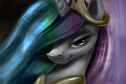 Size: 2025x1350 | Tagged: safe, artist:tsitra360, color edit, edit, princess celestia, alicorn, pony, bedroom eyes, bust, color, colored, dark, female, hair over one eye, looking at you, she knows, simple background, smiling, smirk, smug, smuglestia, solo