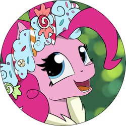 Size: 968x968 | Tagged: safe, artist:shikogo, pinkie pie, earth pony, pony, a hearth's warming tail, happy, looking at you, round, simple background, smiling, solo, spirit of hearth's warming presents, transparent background