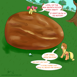 Size: 1050x1050 | Tagged: safe, artist:halflingpony, apple bloom, applejack, earth pony, pony, date palm, food, growth, potion, pun, visual pun