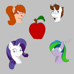 Size: 3000x3000 | Tagged: safe, rarity, oc, oc:madeindonuts, oc:mori, oc:xiao, pony, unicorn, apple, food, head shot