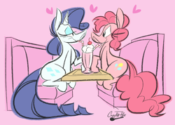 Size: 1200x852 | Tagged: safe, artist:crackiepipe, pinkie pie, rarity, earth pony, pony, unicorn, female, lesbian, milkshake, raripie, sharing a drink, shipping