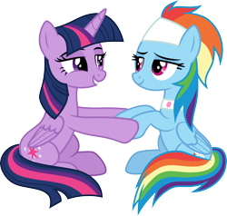 Size: 3146x3000 | Tagged: safe, artist:cloudyglow, artist:yanoda, derpibooru import, rainbow dash, twilight sparkle, twilight sparkle (alicorn), alicorn, pegasus, pony, spoiler:deep tissue memories, alternate hairstyle, cutie mark, deep tissue memories, duo, female, high res, implied shipping, simple background, sitting, smiling, spa pony rainbow dash, transparent background, vector