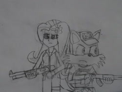 Size: 1024x768 | Tagged: safe, artist:brandonale, fluttershy, equestria girls, ak, ak-47, assault rifle, clothes, cosplay, costume, crossover, ellis, gun, left 4 dead, left 4 dead 2, miles "tails" prower, rifle, shotgun, sonic the hedgehog (series), traditional art, weapon