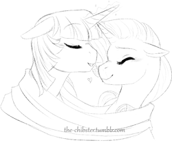 Size: 615x508 | Tagged: safe, artist:the-chibster, derpibooru import, rarity, twilight sparkle, pony, unicorn, blushing, clothes, female, heart, horns are touching, lesbian, monochrome, rarilight, scarf, shipping, sketch