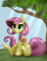 Size: 1280x1656 | Tagged: safe, artist:carnivorousponyfluff, fluttershy, pegasus, pony, dappled sunlight, eyelashes, folded wings, looking at you, sitting, solo, tree, under the tree