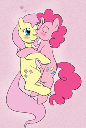 Size: 2441x3601 | Tagged: safe, artist:catlover1672, fluttershy, pinkie pie, earth pony, pegasus, pony, blushing, female, flutterpie, heart, kissing, lesbian, shipping