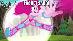 Size: 800x450 | Tagged: safe, edit, edited screencap, screencap, pinkie pie, equestria girls, legend of everfree, dale gribble, image macro, king of the hill, meme, pocket sand, solo, transformation