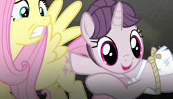 Size: 1258x720 | Tagged: safe, screencap, fluttershy, sugar belle, pegasus, pony, the cutie map, butt touch, hoof on butt, out of context, smiling