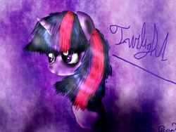 Size: 1024x768 | Tagged: safe, artist:pexxastar, derpibooru import, twilight sparkle, pony, unicorn, female, mare, multicolored mane, purple coat, solo