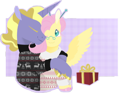 Size: 2353x1806 | Tagged: safe, artist:vindhov, part of a set, fluttershy, ponet, pegasus, pony, alternate hairstyle, christmas sweater, clothes, colored pupils, eyes closed, hair bun, hearth's warming, hug, hug from behind, lineless, male, one eye closed, ponetshy, present, shipping, simple background, spectacles, spread wings, straight, sweater, transparent background