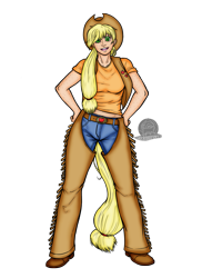 Size: 945x1300 | Tagged: safe, artist:aphexangel, artist:blackmoonrose13, applejack, human, breasts, chaps, clothes, female, freckles, humanized, midriff, solo, t-shirt, tailed humanization, vest