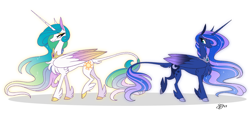 Size: 1600x764 | Tagged: safe, artist:probablyfakeblonde, princess celestia, princess luna, alicorn, pony, chest fluff, cloven hooves, colored hooves, duo, female, leonine tail, mare, royal sisters, siblings, simple background, sisters, smiling, unshorn fetlocks, white background