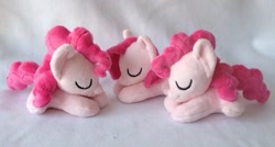 Size: 913x489 | Tagged: safe, artist:burgunzik, pinkie pie, earth pony, pony, cute, cuteamena, daaaaaaaaaaaw, diapinkes, eyes closed, female, irl, mare, multeity, photo, pinkamena diane pie, plushamena, plushie, prone, sleeping, too much pink energy is dangerous, triality, trio