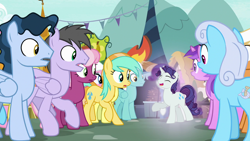 Size: 1280x720 | Tagged: safe, artist:kayman13, artist:trotsworth, edit, edited screencap, screencap, elusive, rarity, pony, unicorn, it isn't the mane thing about you, crowd, gasp, scene interpretation, time flies, trans boy, transgender