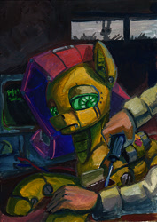 Size: 566x800 | Tagged: safe, artist:lexx2dot0, fluttershy, human, pony, robot, robot pony, flutterbot, gouache, hand, lidded eyes, looking at something, looking down, lying down, maintenance, offscreen character, prone, repairing, roboticist, screen, screwdriver, solo, traditional art, window