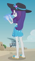 Size: 1208x2100 | Tagged: safe, screencap, rarity, aww... baby turtles, better together, equestria girls, beach, clothes, cropped, flip-flops, geode of shielding, hat, legs, levitation, magic, magical geodes, sand, sandals, sarong, solo, sun hat, swimsuit, telekinesis