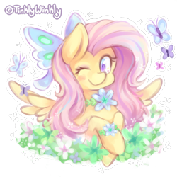 Size: 1500x1500 | Tagged: safe, artist:tinklywinkly, fluttershy, butterfly, pegasus, pony, bracelet, bust, flower, hooves to the chest, jewelry, looking at you, one eye closed, portrait, solo, spread wings, wink