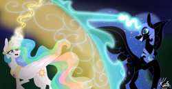 Size: 2900x1500 | Tagged: safe, artist:bubowl, nightmare moon, princess celestia, alicorn, pony, magic, shield