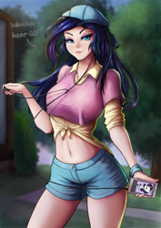 Size: 706x1000 | Tagged: safe, artist:the-park, rarity, human, alternate hairstyle, backwards ballcap, baseball cap, belly button, cap, clothes, disguise, female, hat, humanized, looking at you, midriff, phone, plainity, shorts, solo