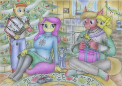 Size: 2329x1637 | Tagged: safe, artist:sinaherib, big macintosh, fluttershy, oc, oc:snow blossom, oc:summer wind, anthro, pegasus, plantigrade anthro, christmas tree, clothes, female, filly, fluttermac, hearth's warming, male, offspring, parent:big macintosh, parent:fluttershy, parents:fluttermac, present, ship, shipping, straight, sweater, sweatershy, traditional art, tree