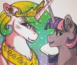 Size: 1280x1082 | Tagged: safe, artist:nightmare-moons-throneroom, princess celestia, twilight sparkle, twilight sparkle (alicorn), alicorn, pony, blushing, blushing profusely, color porn, cute, ear piercing, earring, horns are touching, jewelry, looking at each other, necklace, piercing, smiling, traditional art