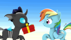 Size: 1920x1080 | Tagged: safe, artist:spinostud, derpibooru import, rainbow dash, changeling, pegasus, pony, 3d, confused, duo, female, friendly, gift box, male, mouth hold, nervous, present, source filmmaker