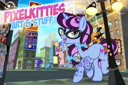 Size: 1000x667 | Tagged: safe, artist:pixelkitties, ms. harshwhinny, princess celestia, oc, oc only, oc:pixelkitties, oc:pixsolo, alicorn, alien, pony, robot, unicorn, alien (franchise), bridleway, crossover, female, glasses, manehattan, mare, obey, xenomorph