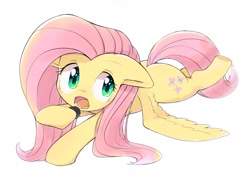 Size: 1024x768 | Tagged: safe, artist:30clock, fluttershy, pegasus, pony, cookie, cute, floppy ears, food, hoof hold, looking away, open mouth, oreo, prone, simple background, solo, spread wings, white background