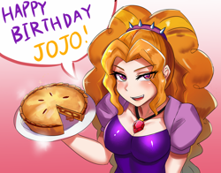 Size: 800x627 | Tagged: safe, artist:tzc, adagio dazzle, human, clothes, commission, food, happy birthday, humanized, looking at you, open mouth, pie, solo