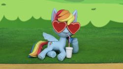 Size: 1920x1080 | Tagged: safe, derpibooru import, screencap, rainbow dash, pegasus, pony, my little pony: pony life, my little pony: stop motion short, the great race (short), cup, drinking, drinking straw, female, grass, mare, paper cup, relaxing, solo, stop motion, sunglasses, wings