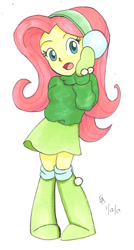 Size: 800x1497 | Tagged: safe, artist:mayorlight, fluttershy, equestria girls, boots, clothes, earmuffs, looking at you, mittens, open mouth, simple background, solo, sweater, sweatershy, traditional art, white background