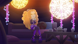 Size: 1336x752 | Tagged: safe, screencap, adagio dazzle, equestria girls, equestria girls series, find the magic, spoiler:eqg series (season 2), bracelet, clothes, cup, headband, jacket, jewelry, leather jacket, pillow, pose, shorts, sofa, spiked headband, spiked wristband, table, tea set, teacup, wristband