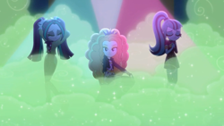 Size: 1026x578 | Tagged: safe, screencap, adagio dazzle, aria blaze, sonata dusk, better together, equestria girls, find the magic, eyes closed, taco dress, the dazzlings have returned, trio