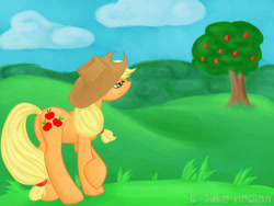 Size: 900x675 | Tagged: safe, artist:undefined-shadow, applejack, earth pony, pony, apple tree, solo, tree