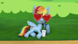 Size: 1280x720 | Tagged: safe, derpibooru import, screencap, rainbow dash, pegasus, pony, my little pony: pony life, my little pony: stop motion short, the great race (short), animated, cup, drinking, drinking straw, female, grass, mare, paper cup, relaxing, solo, stop motion, sunglasses