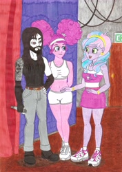 Size: 4934x6980 | Tagged: safe, artist:metaldudepl666, pinkie pie, oc, oc:shadow sketch, oc:vocal sweets, equestria girls, absurd resolution, backstage, beard, belly button, black metal, bracer, breasts, clothes, concert, crayon drawing, cutie mark, dark circles, edgy, facial hair, female, fingerless gloves, glans, gloves, hairband, heavy metal, jeans, metal, microphone, midriff, pants, pinkie pies, pinkie puffs, pinktails pie, shoes, shorts, skirt, smiling, sneakers, socks, sports bra, stage, tanktop, top, traditional art, vambrace